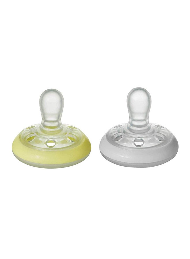 Pack Of 2 Dummies Breast-Like Soother Night Dark Glow Skin-Like Texture Symmetrical Orthodontic Design BPA-Free Includes Steriliser Box For 6-18m Assorted