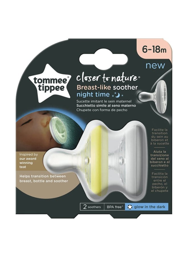 Pack Of 2 Dummies Breast-Like Soother Night Dark Glow Skin-Like Texture Symmetrical Orthodontic Design BPA-Free Includes Steriliser Box For 6-18m Assorted