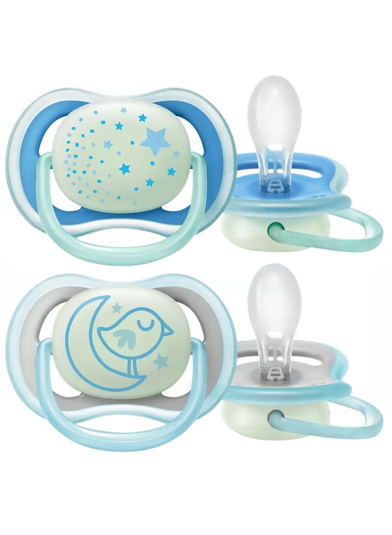 2 - Pieces Ultra Air Night Buddy Bear Soft Baby Pacifier Set For 6M Plus - White And Blue