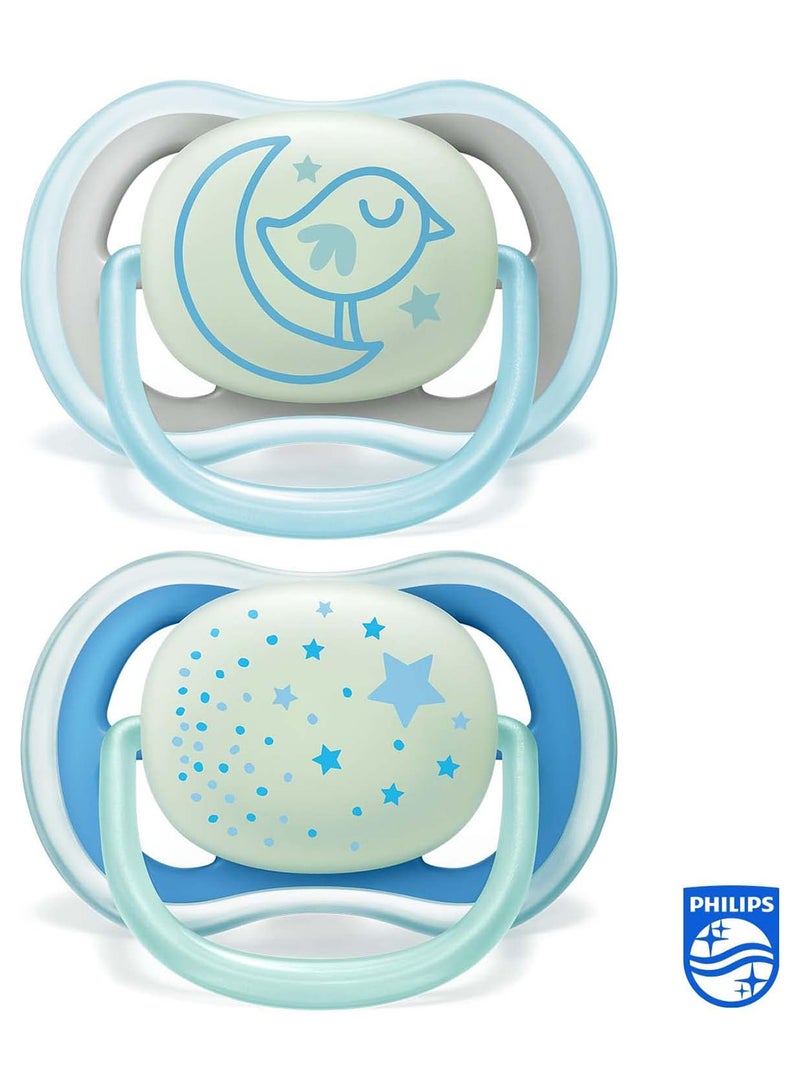 2 - Pieces Ultra Air Night Buddy Bear Soft Baby Pacifier Set For 6M Plus - White And Blue