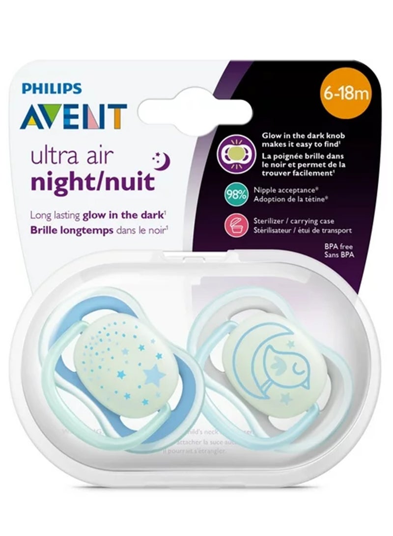 2 - Pieces Ultra Air Night Buddy Bear Soft Baby Pacifier Set For 6M Plus - White And Blue