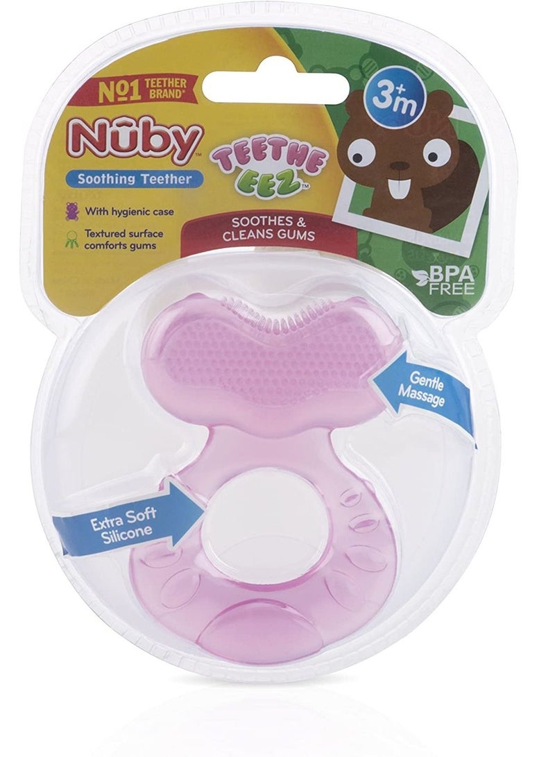 Nuby Silicone Teethe-eez Teether with Bristles, Includes Hygienic Case, Pink