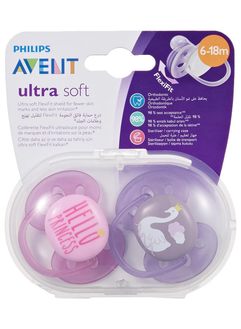 Pack Of 2 Ultra Soft Pacifier Bpa - Free Dummy For Babies From 6 - 18 Months (Model Scf223, 02) Hello Princess