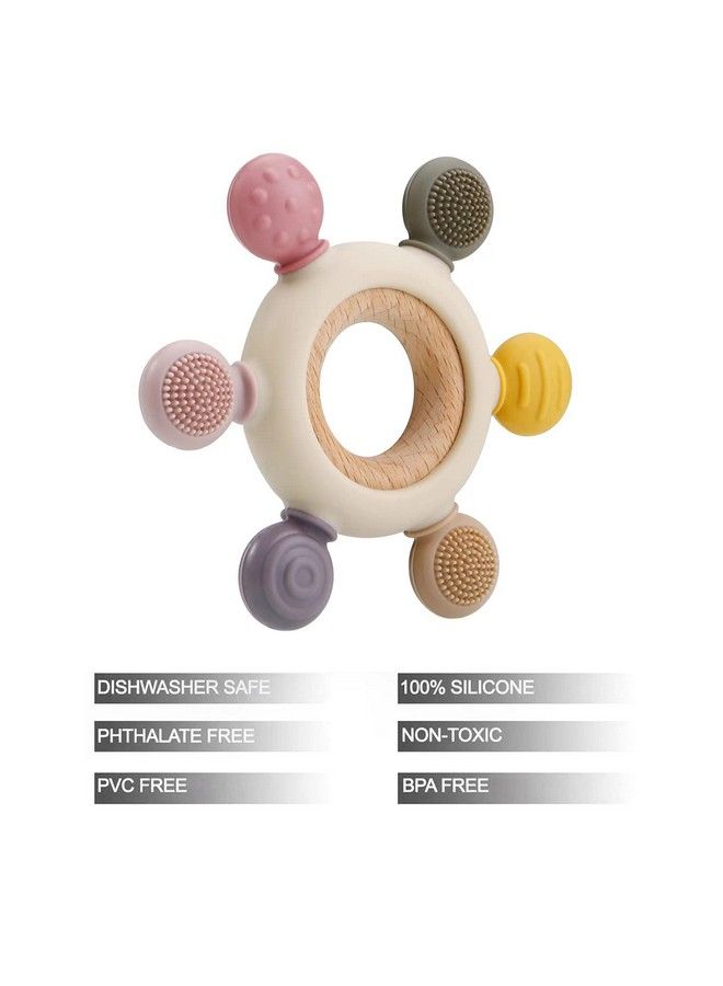 Baby Teething Toys Silicone Rudder Toy With Wooden Rings For Soothing Teething Pain Relief Shower Gift For Lnfants & Toddlers 3+ Months