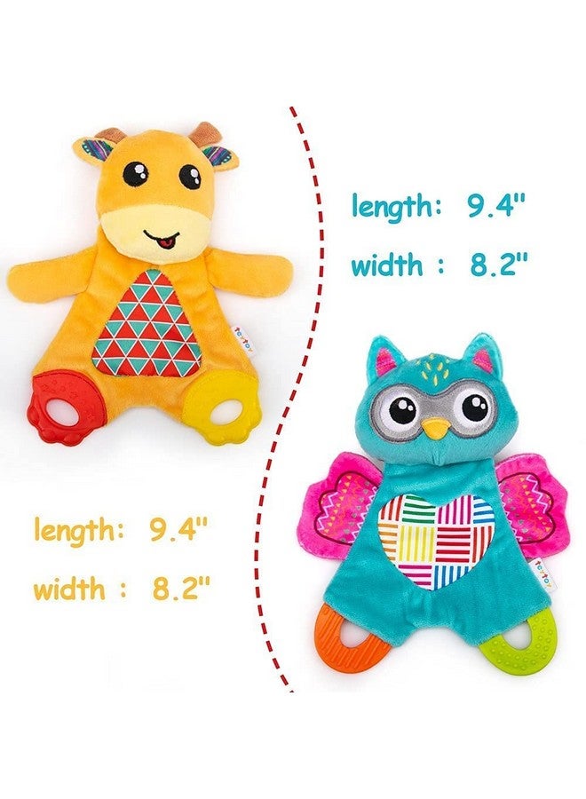 2 Pcs Crinkle Toys For Baby With Teether Baby Teething Sensory Toys Newborn Bib Saliva Soother Towel Soft Snuggle Sleeping Security Blanket For Unisex Babies 036 Months Gifts(Owl And Deer)