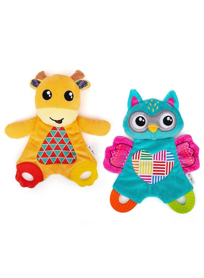 2 Pcs Crinkle Toys For Baby With Teether Baby Teething Sensory Toys Newborn Bib Saliva Soother Towel Soft Snuggle Sleeping Security Blanket For Unisex Babies 036 Months Gifts(Owl And Deer)