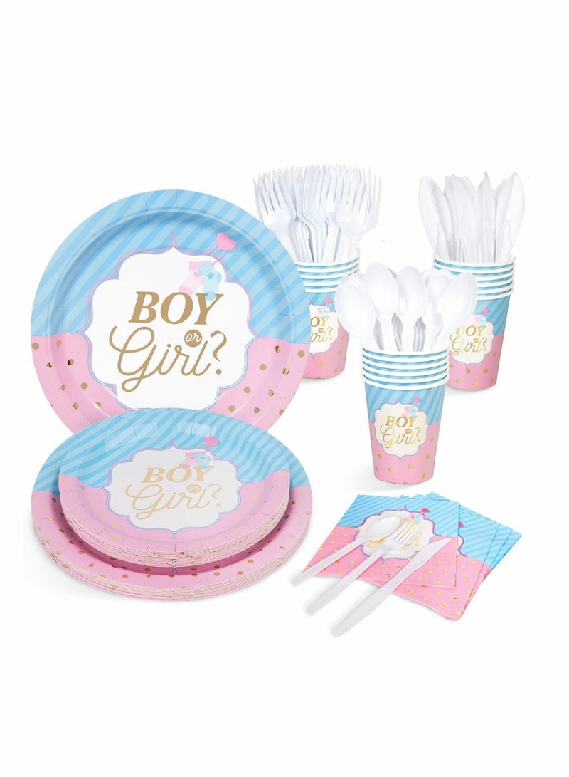 Gender Reveal Party Supplies Serves, Baby with Paper Plates, Cups, Napkins, Knife, Fork, and Spoon (16 Kinds, Total 112Pcs)