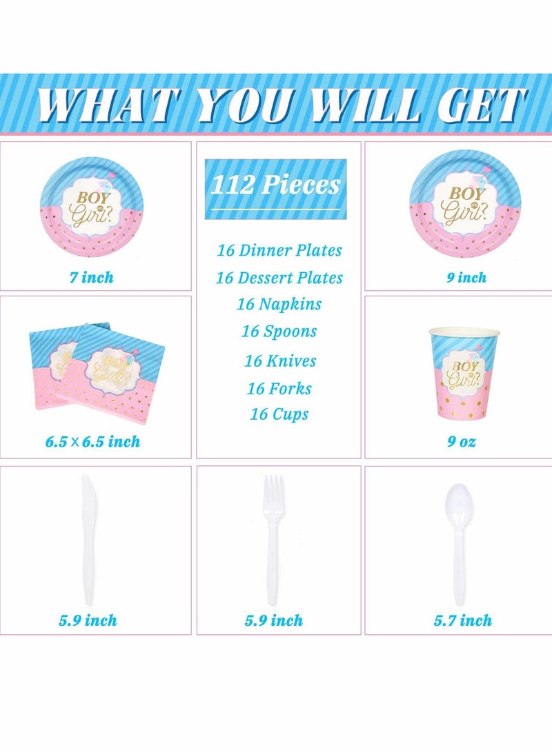 Gender Reveal Party Supplies Serves, Baby with Paper Plates, Cups, Napkins, Knife, Fork, and Spoon (16 Kinds, Total 112Pcs)