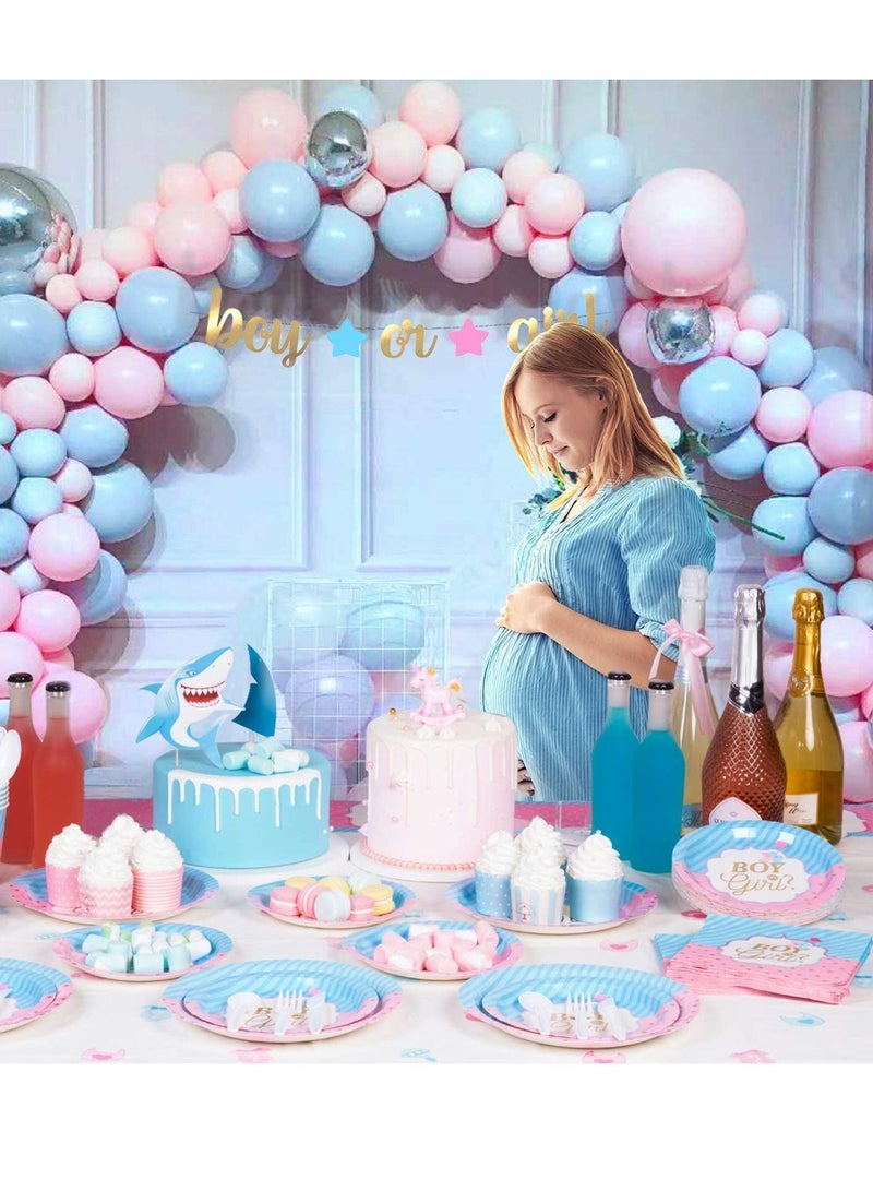 Gender Reveal Party Supplies Serves, Baby with Paper Plates, Cups, Napkins, Knife, Fork, and Spoon (16 Kinds, Total 112Pcs)