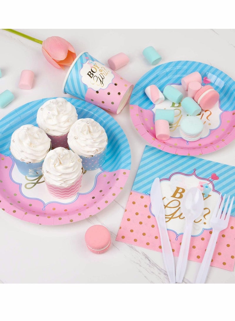 Gender Reveal Party Supplies Serves, Baby with Paper Plates, Cups, Napkins, Knife, Fork, and Spoon (16 Kinds, Total 112Pcs)