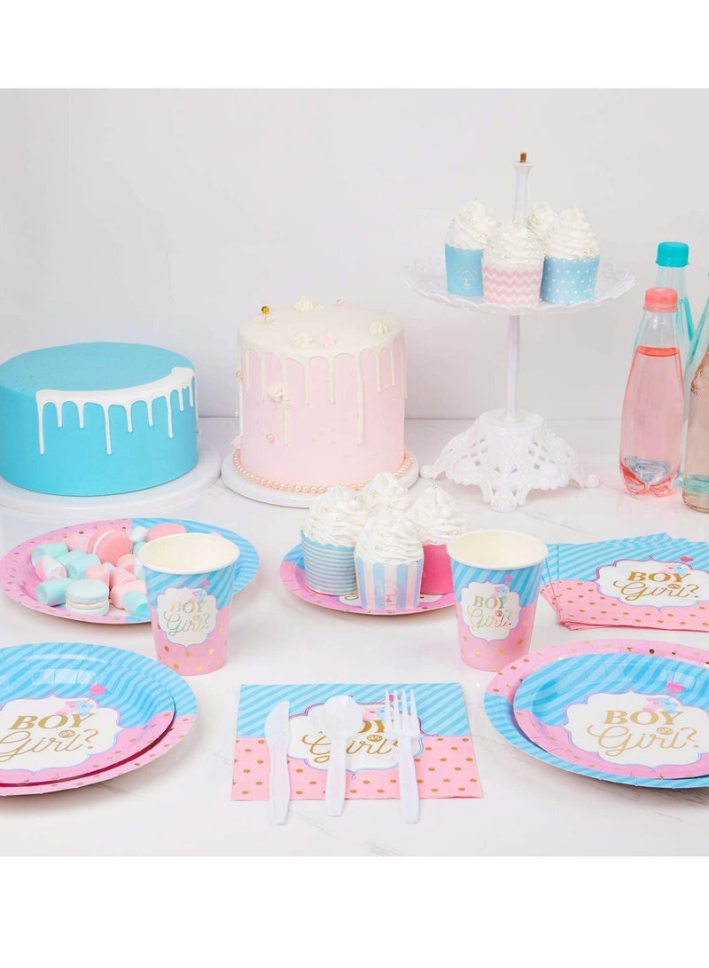 Gender Reveal Party Supplies Serves, Baby with Paper Plates, Cups, Napkins, Knife, Fork, and Spoon (16 Kinds, Total 112Pcs)
