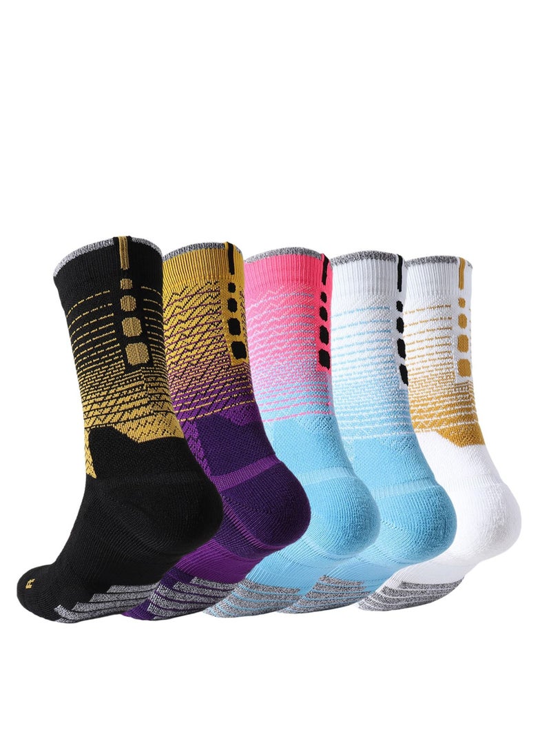Sports Socks, 5 Pairs of Men's Basketball Socks Outdoor Colorful Trendy Mid-calf Soccer High Elasticity Compression Player for Competition Team Leggings