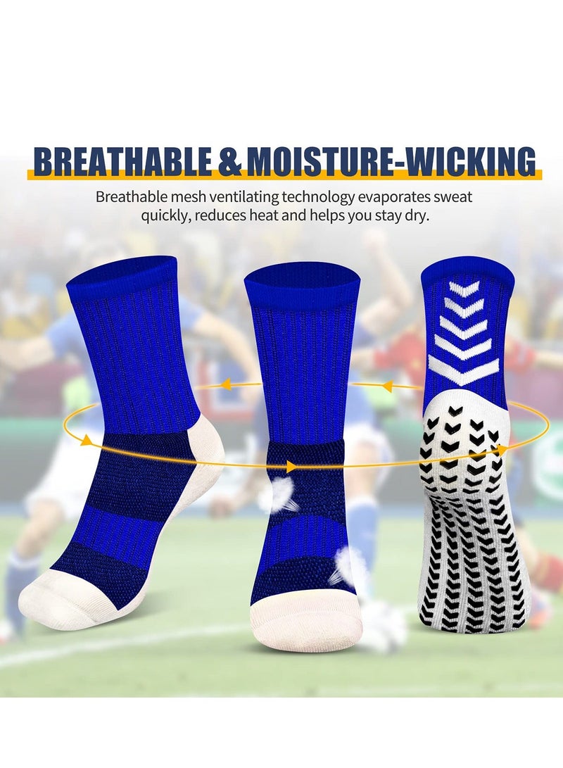 2 Pairs of Men's Non Slip Soccer Socks, Running Socks Sports for Basketball Towel Bottom Grip Mid-calf (Red, Blue)