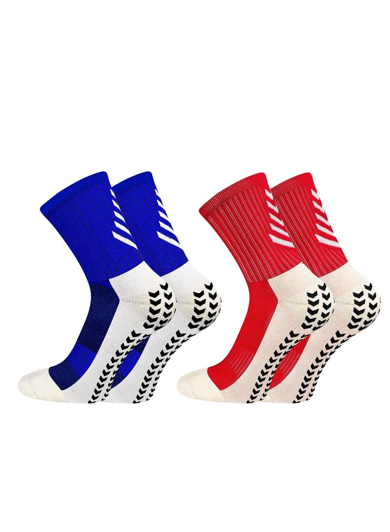 2 Pairs of Men's Non Slip Soccer Socks, Running Socks Sports for Basketball Towel Bottom Grip Mid-calf (Red, Blue)