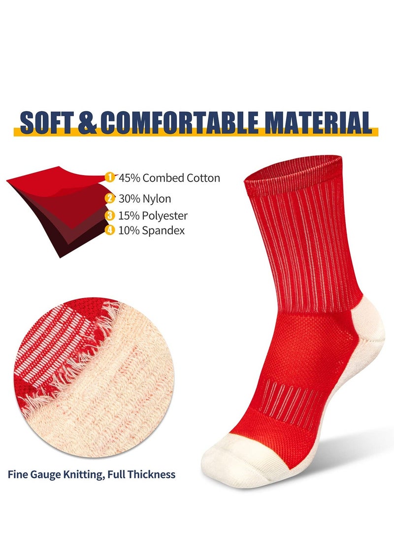 2 Pairs of Men's Non Slip Soccer Socks, Running Socks Sports for Basketball Towel Bottom Grip Mid-calf (Red, Blue)