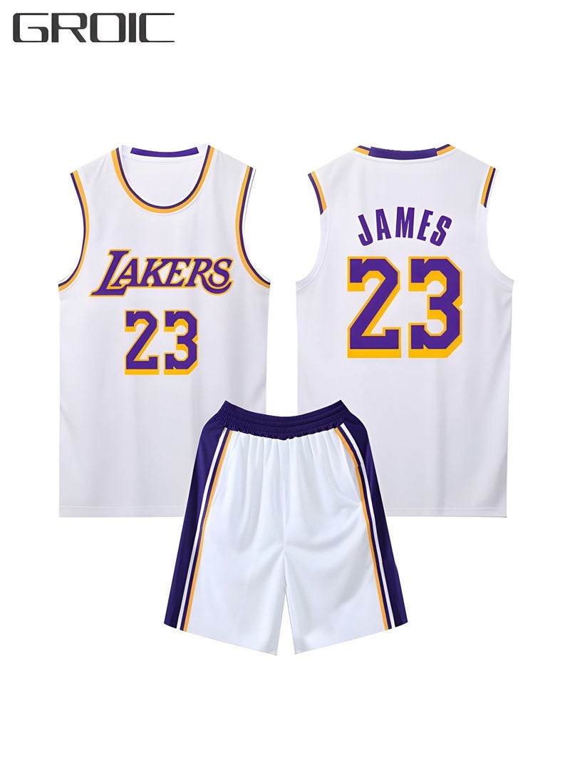 James Jersey 23# Basketball T Shirt and Shorts,Basketball Jersey for Adults,Basketball Suits,BasketballJersey Set(White,3XL)