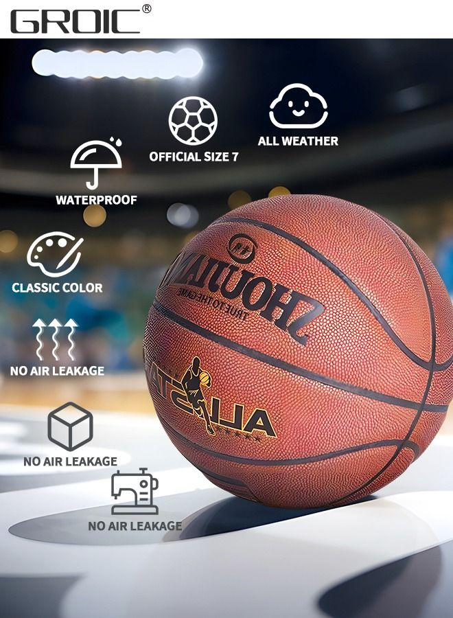 Basketball Official Regulation Size 7 (29.5''), Indoor/ Outdoor Court Training Basketballs Ball Games, Leather Basketball, with Pump, and Ball Needle