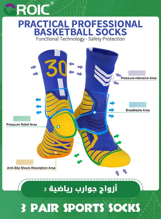 3 Pair Elite Basketball Socks, Athletic Socks with 3D Ankle Protection, Football Socks & Running Socks, Compression Cushion Sport Socks Unisex