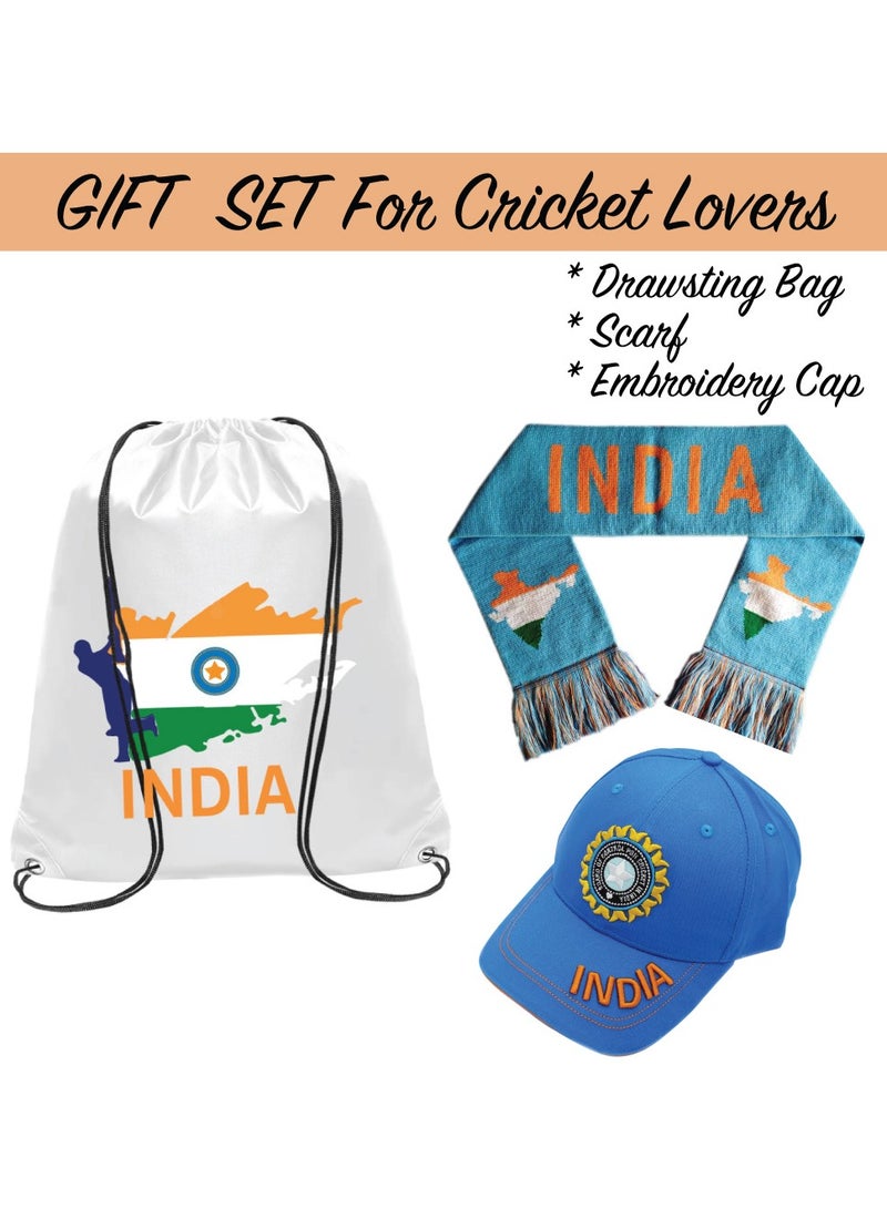 India Cricket Sports Fans Combo Set Pack Of 3-Caps-Drawstring-Scarfs-Set Of 3 Combo Set