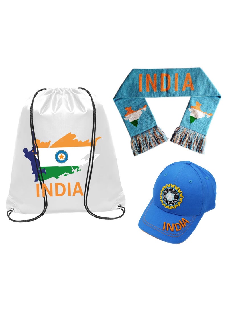 India Cricket Sports Fans Combo Set Pack Of 3-Caps-Drawstring-Scarfs-Set Of 3 Combo Set