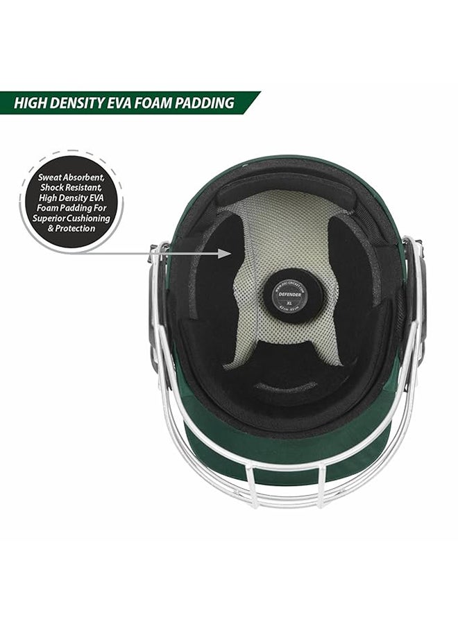 Defender Cricket Helmet | Green | Size: Large | For Men & Boys | Adjustable Steel Grill | Back Support Strap | Lightweight