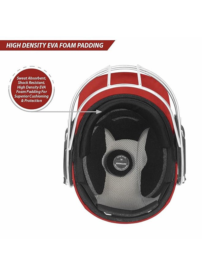 Defender Cricket Helmet | Red | Size: Medium | For Men & Boys | Adjustable Steel Grill | Back Support Strap | Lightweight