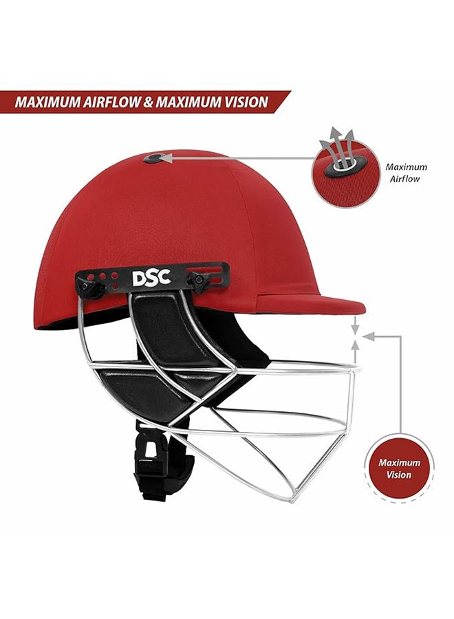 Defender Cricket Helmet | Red | Size: Medium | For Men & Boys | Adjustable Steel Grill | Back Support Strap | Lightweight