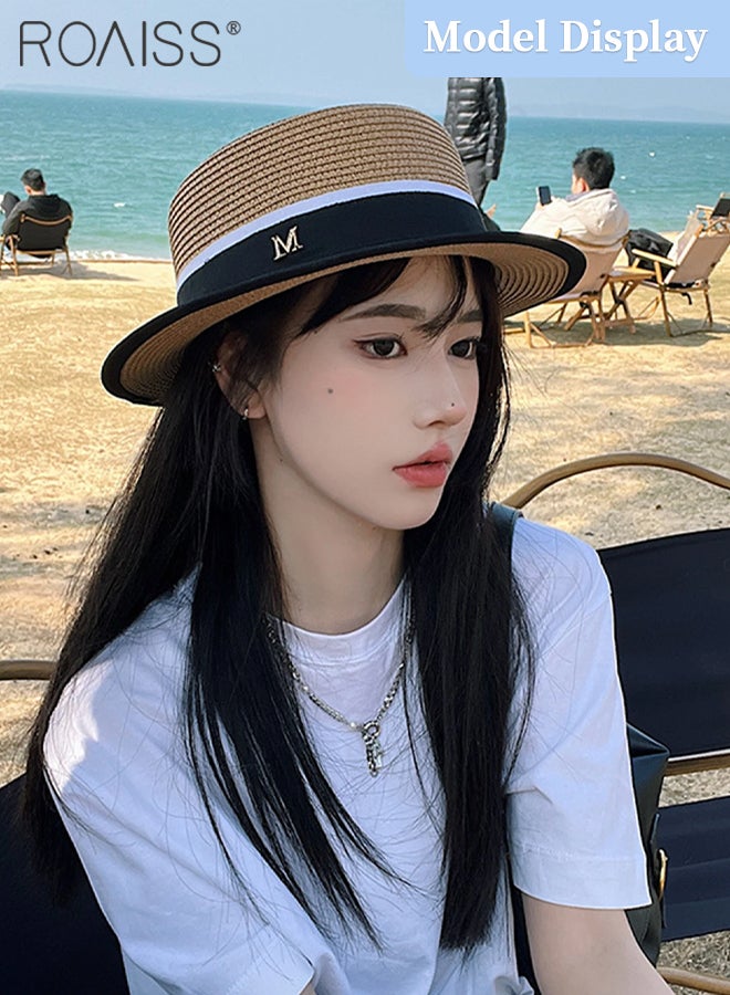 Classic Flat Top Straw Hat for Women Summer Beach Hat Vacation Sunshade Sunscreen Woven Hat Letter Decor Sun Hat Fashion Accessories
