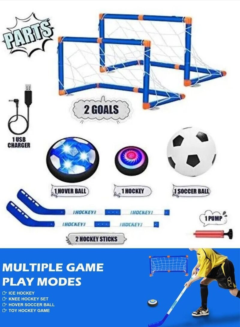 Hover Soccer Hockey 2 in 1 Ball Game Set for Indoor Outdoor Sports With 2 Goals, Rechargeable Floating Air Soccer Ball with Led Light and Foam Bumper, Football Game Set, Hovering Hockey Game Set