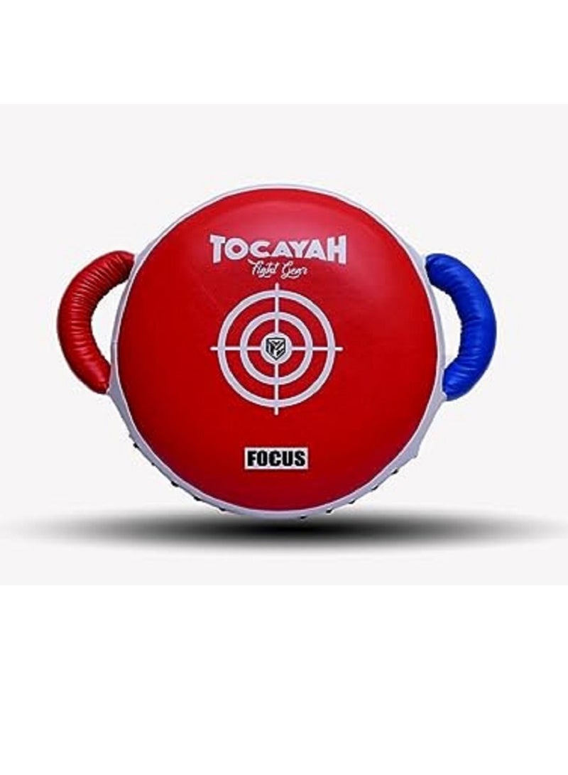 Tocayah 0% Impact Blue & Red Round Boxing Shield | Leather Punch Shield Fitness Plus Punch Shield, Lightweight, Durable, Over 3 in. of Layered Foam Padding, Easy-Grip Handles
