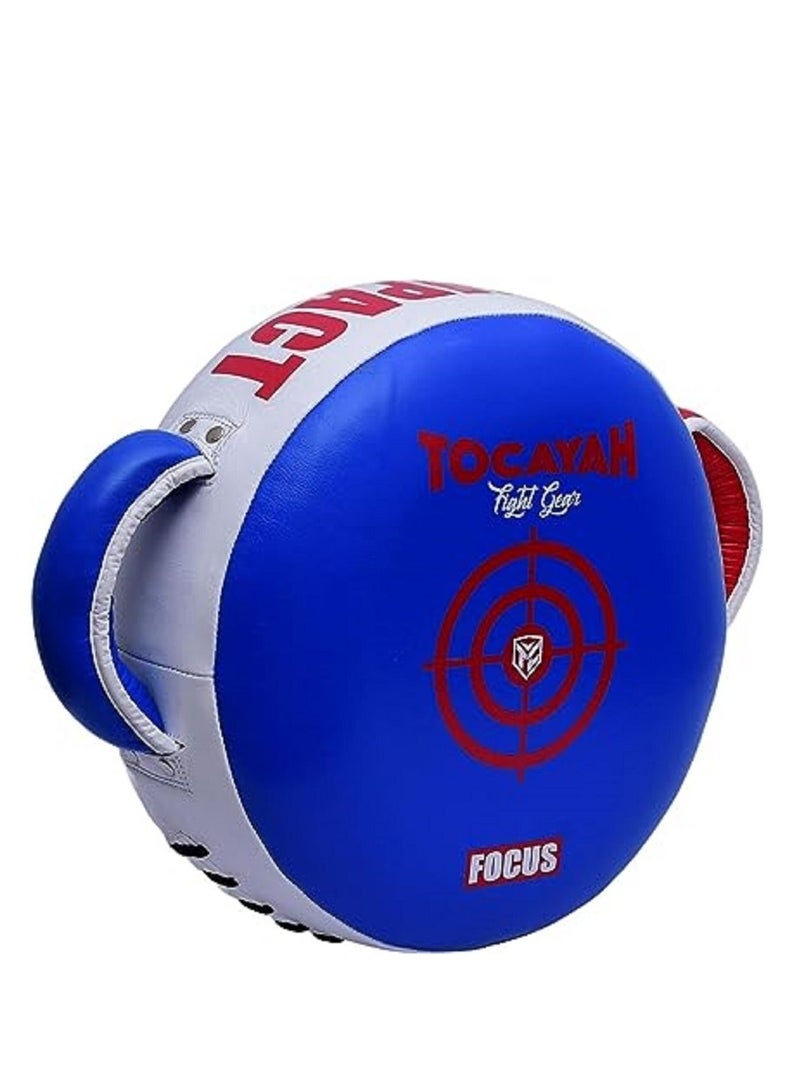 Tocayah 0% Impact Blue & Red Round Boxing Shield | Leather Punch Shield Fitness Plus Punch Shield, Lightweight, Durable, Over 3 in. of Layered Foam Padding, Easy-Grip Handles