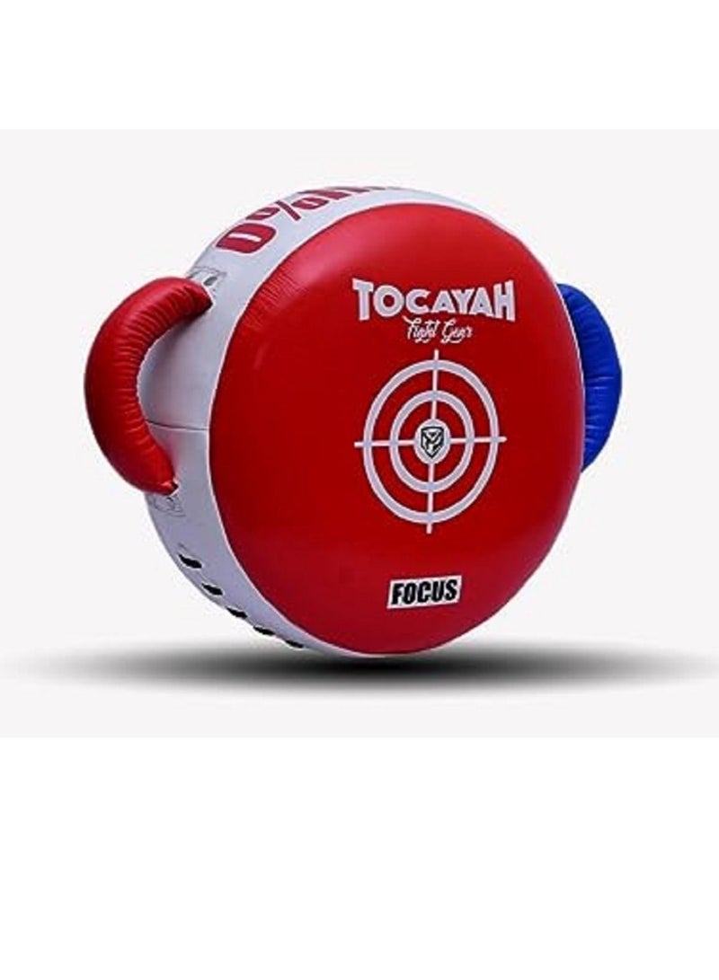Tocayah 0% Impact Blue & Red Round Boxing Shield | Leather Punch Shield Fitness Plus Punch Shield, Lightweight, Durable, Over 3 in. of Layered Foam Padding, Easy-Grip Handles