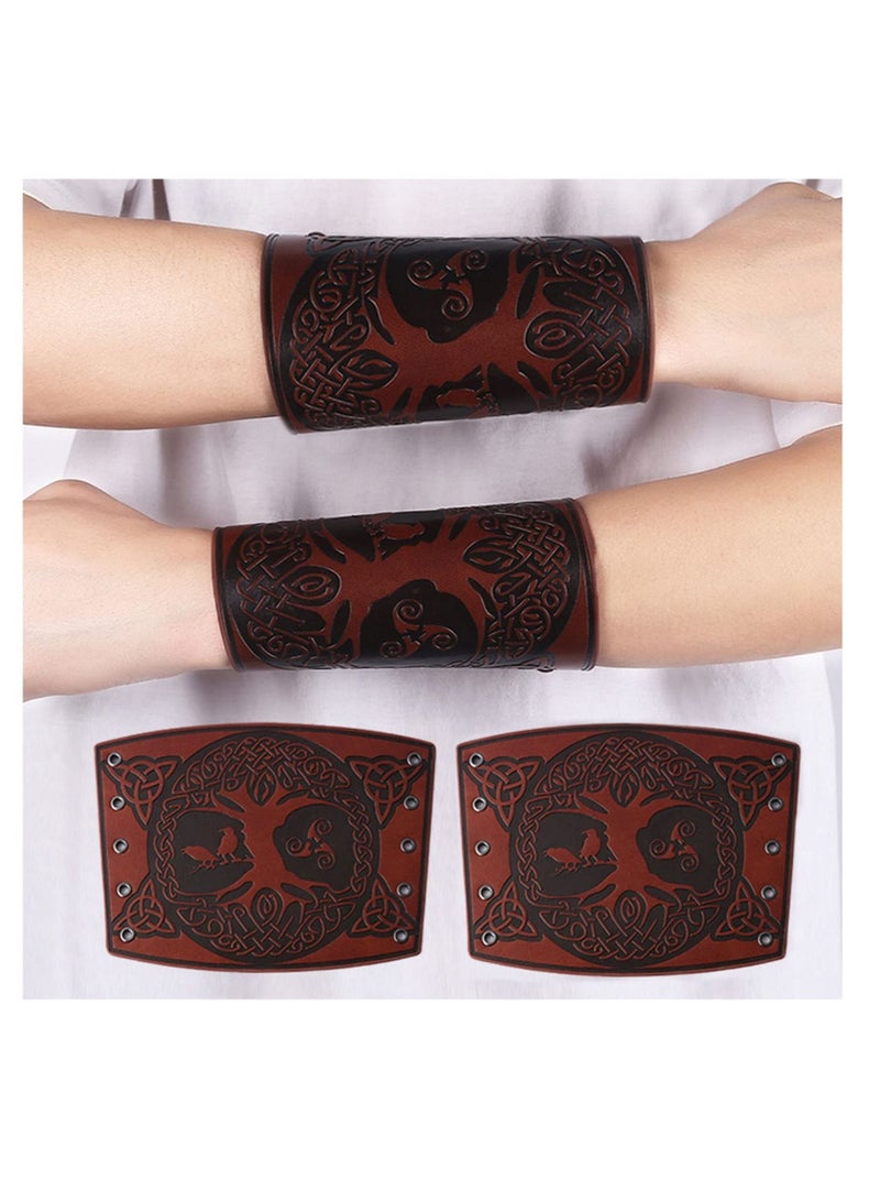 Archery Arm Guard Leather, 2 Pcs Adjustable Forearm Protecto, Medieval Handcrafted PU Leather Armguard, for Archery, Shooting, Hunting, Viking Cosplay (Brown)