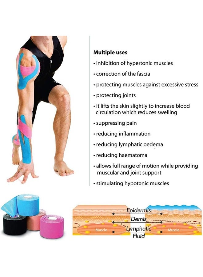 4 Rolls Waterproof Breathable Kinesiology Tape, Athletic Elastic Kneepad Muscle Pain Relief Knee Taping for Gym Fitness Running Tennis Swimming Football (Black, Skin, Pink, Blue, 5CM*5M)