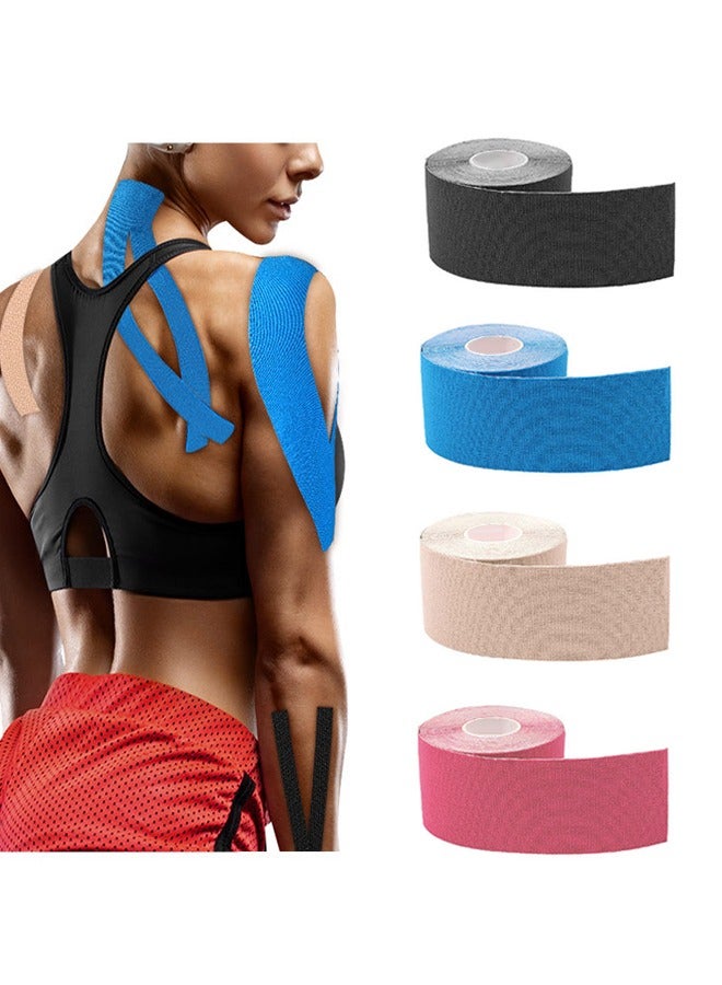 4 Rolls Waterproof Breathable Kinesiology Tape, Athletic Elastic Kneepad Muscle Pain Relief Knee Taping for Gym Fitness Running Tennis Swimming Football (Black, Skin, Pink, Blue, 5CM*5M)