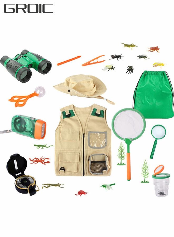 Outdoor Explorer Kit, Bug Catcher for Kids (Vest, Hat, Flashlight Compass, Binoculars, Magnifying Glass and Butterfly Net), Kids Camping Gear, Nature Exploration Adventure Set,Educational Toys