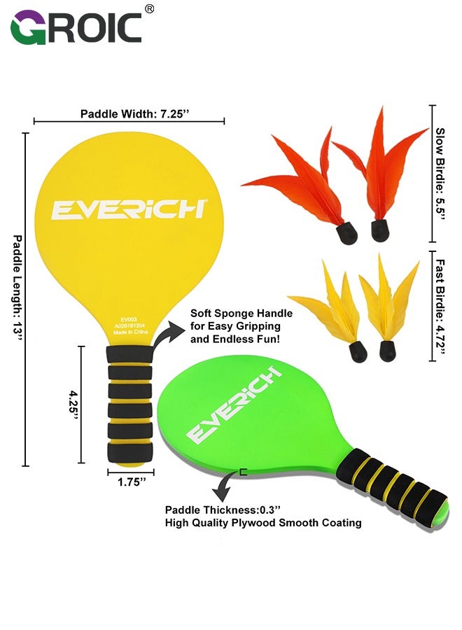 Badminton Set 2 Rackets 4 Birdies Balls, Paddle Ball Game Ideal Gifts, Outdoor Toys Paddle Ball Game for Kids, Teens, Adults and Family, Perfect for Beach, Yard, Lawn, Camping, Party Activities