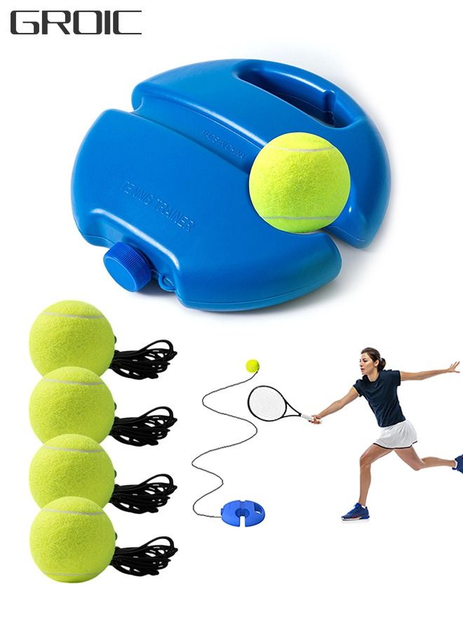 5-PCs Tennis Trainer Rebound Ball Set, Tennis Practice Trainer Gear Tennis Training Equipment Kit with 1 Trainer Base 4 Elastic Ropes & 4 Balls for Beginners, Kids, Adults