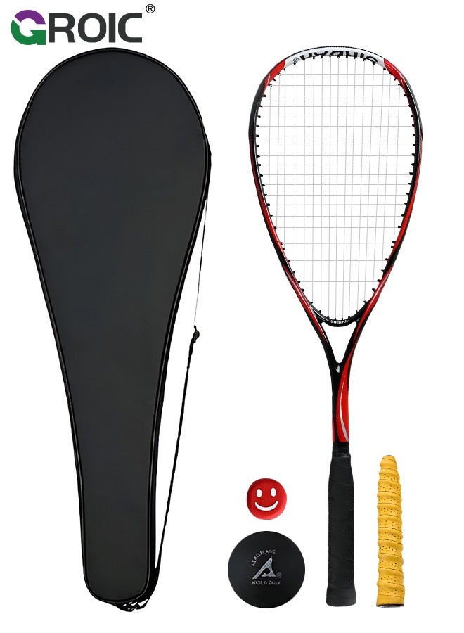 1 Pack Squash Racket Set for Adults, 27 Inch Squash Racket Tennis Racket for Beginner and Professional with 1 Squash Balls,  1 Vibration Damper, 1 Handles Grips, 1 Tennis Bag