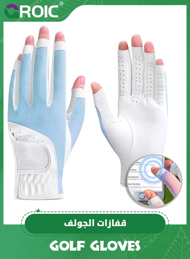 Women's Golf Glove One Pair, Open-Finger Design Breathable Mesh Fabric Improved Grip System, Cool and Comfortable, Suitable for Golf, Gym, Sports, Cycling, Tennis