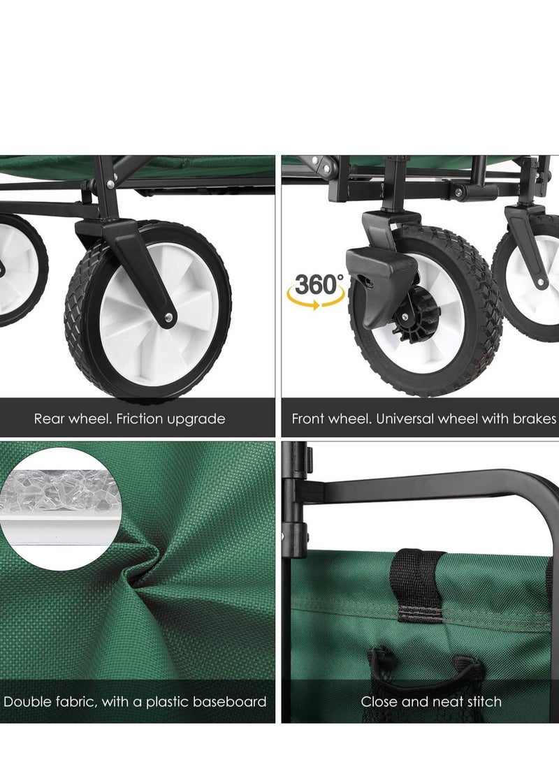 A cart with adjustable handles that folds into a lightweight outdoor four-wheeled cart cart