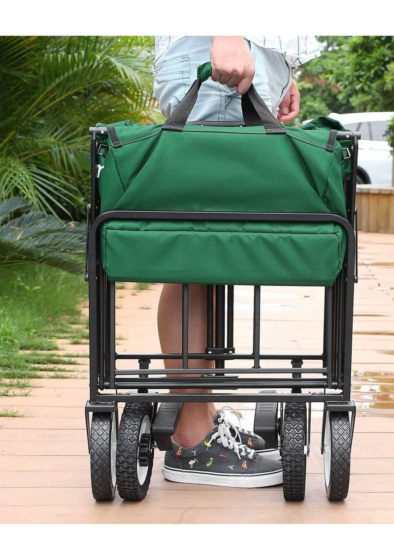 A cart with adjustable handles that folds into a lightweight outdoor four-wheeled cart cart