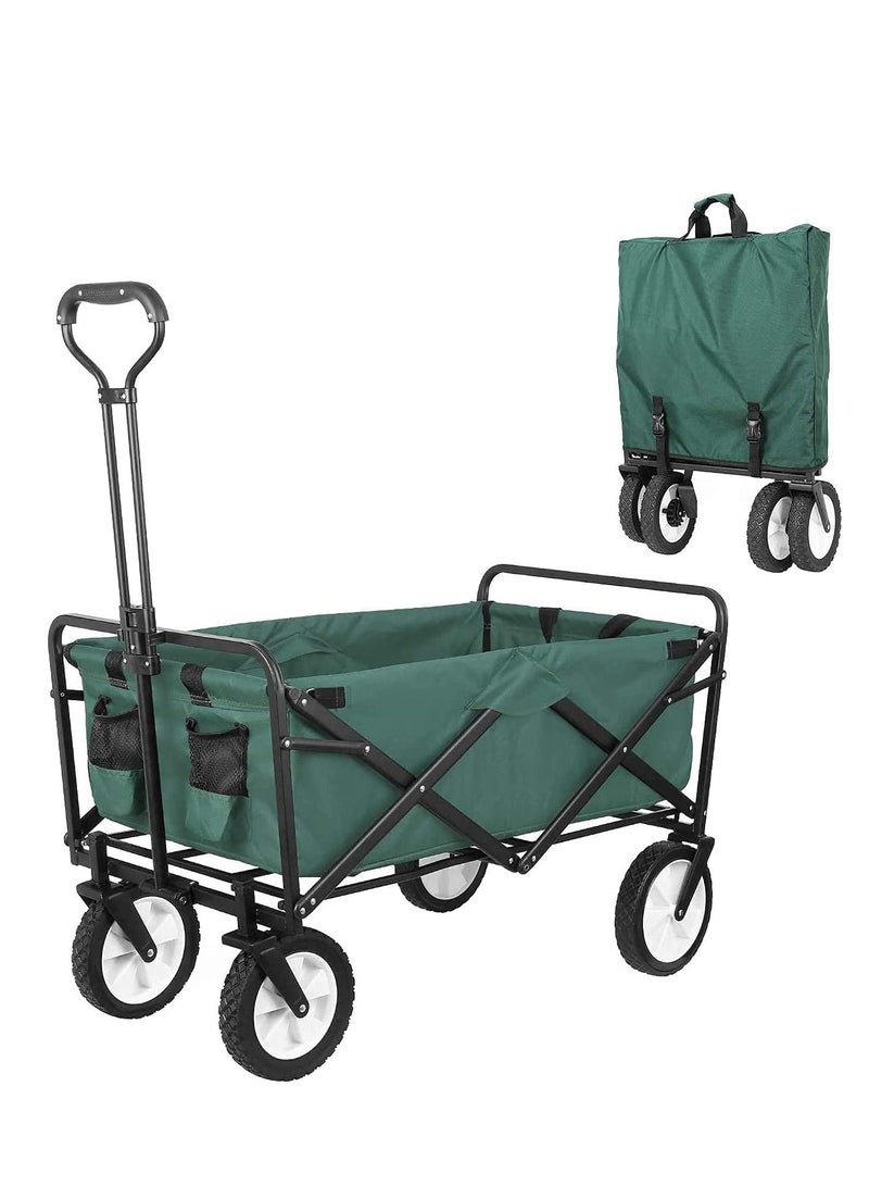 A cart with adjustable handles that folds into a lightweight outdoor four-wheeled cart cart