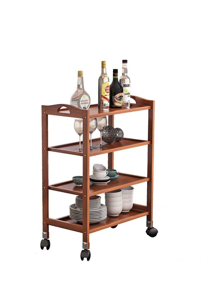 𝐅𝐅𝐃 Bamboo Trolley Bar Serving Cart – Mobile Kitchen Storage Cart with 4 Shelves, Rotating Wheels & Utility Organizer Rack – Versatile Serving & Bar Cart for Home