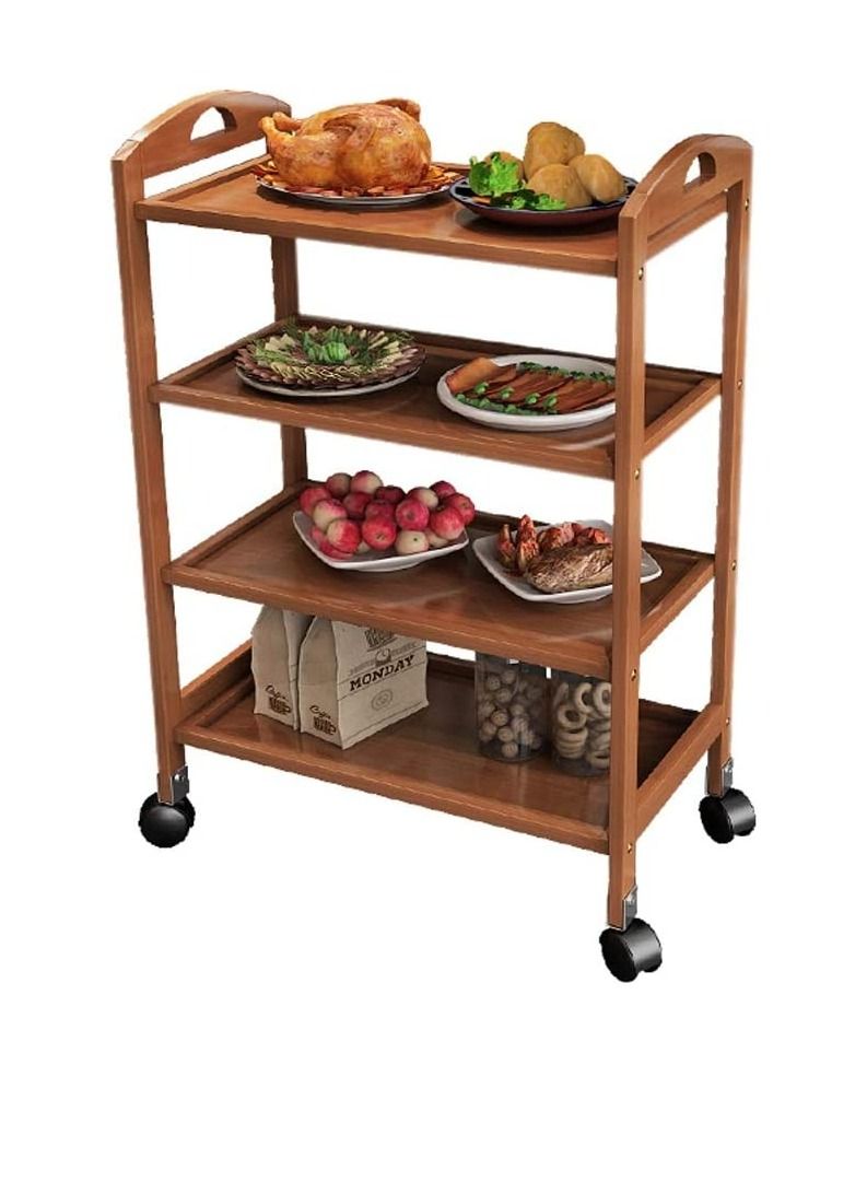 FFD Bamboo Trolley Bar Serving Carts Mobile Kitchen Serving Trolley Utility Trolley Organizer Rack Island Cart with Rotating Wheels