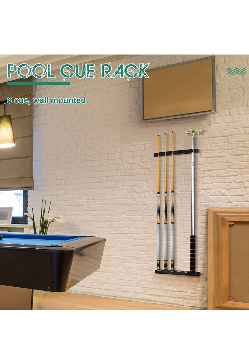 Pool Cue Rack, Wall Mounted Stick Holder with EVA Clip, Plastic Billiard Accessories for Game Room Clubs Players(Black / 6 Cues)