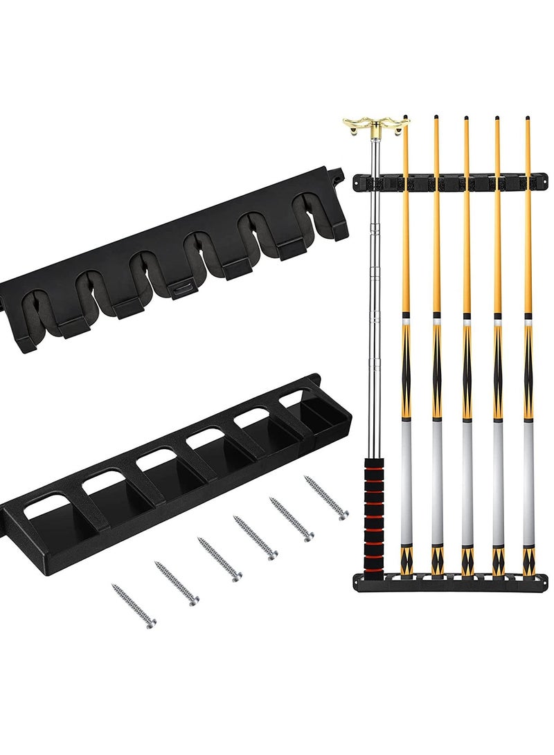 Pool Cue Rack, Wall Mounted Stick Holder with EVA Clip, Plastic Billiard Accessories for Game Room Clubs Players(Black / 6 Cues)