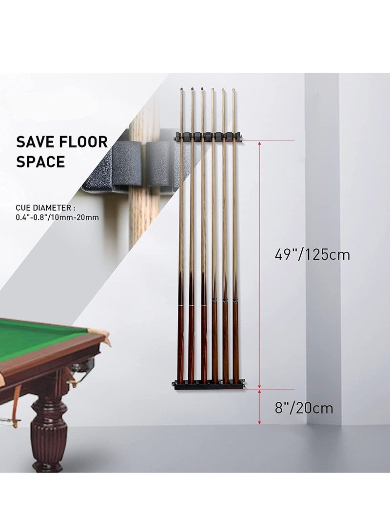 Pool Cue Rack, Wall Mounted Stick Holder with EVA Clip, Plastic Billiard Accessories for Game Room Clubs Players(Black / 6 Cues)