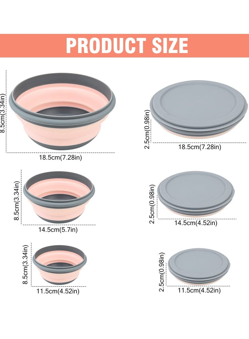 3 Pcs Collapsible Washing Up Bowl, Portable Camping Bowl with Lid Food Storage Outdoor Tableware Folding Lunch Box Portable Salad Bowl for Outdoor Travel Camping Hiking Caravan - Pink