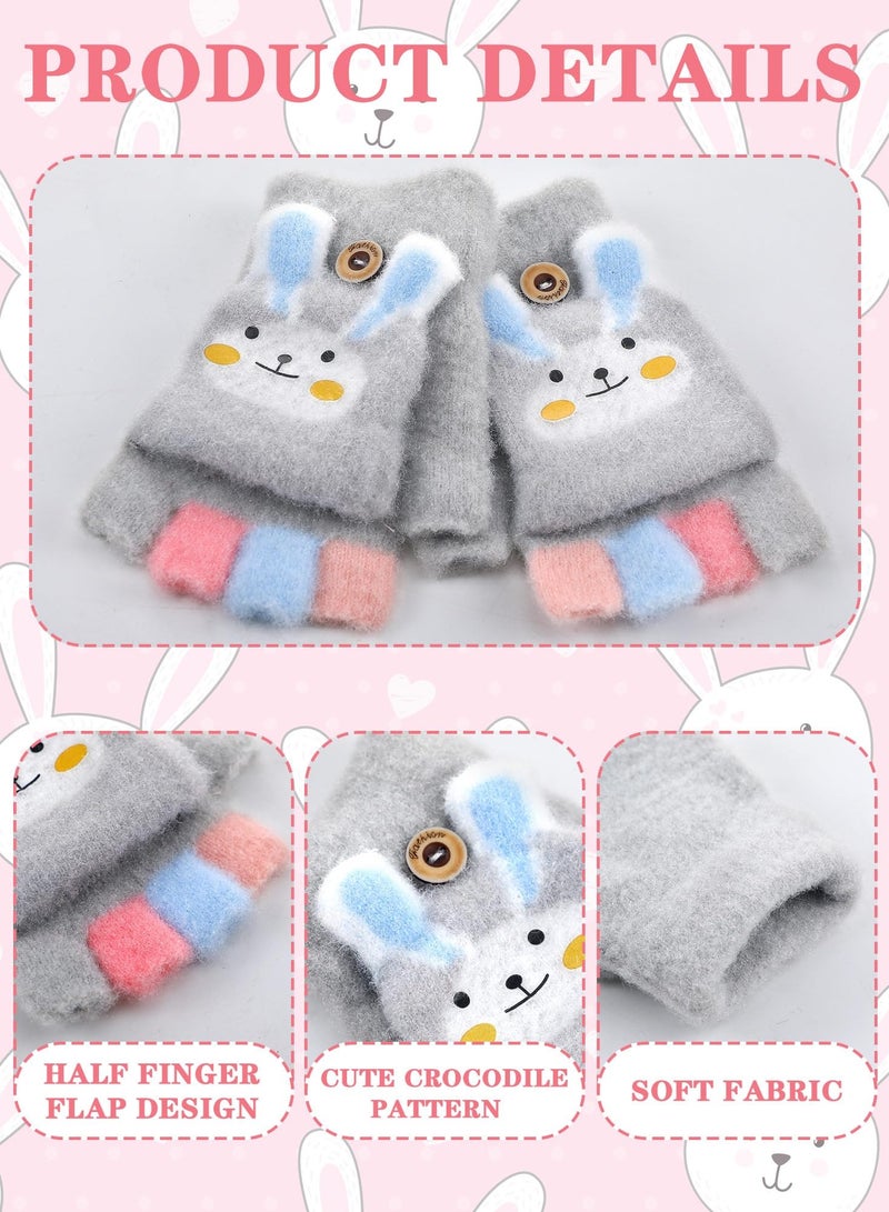 2 Pairs Toddler Finger Mittens Kids Fingerless Gloves Knit Convertible Half Finger Mitten Flap for Aged 3-15(Grey, Pink)